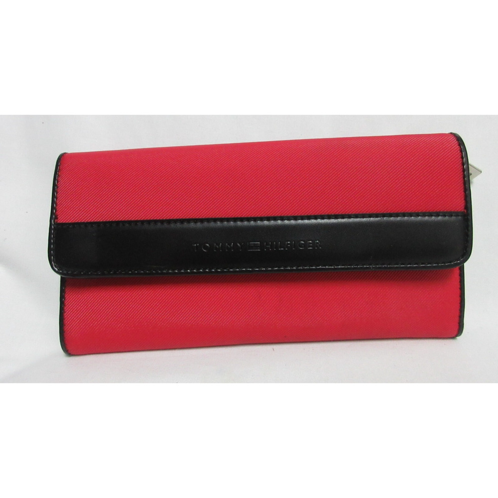 Tommy Hilfiger Women's Red Fabric Trifold Wallet Black Leather Black Inner